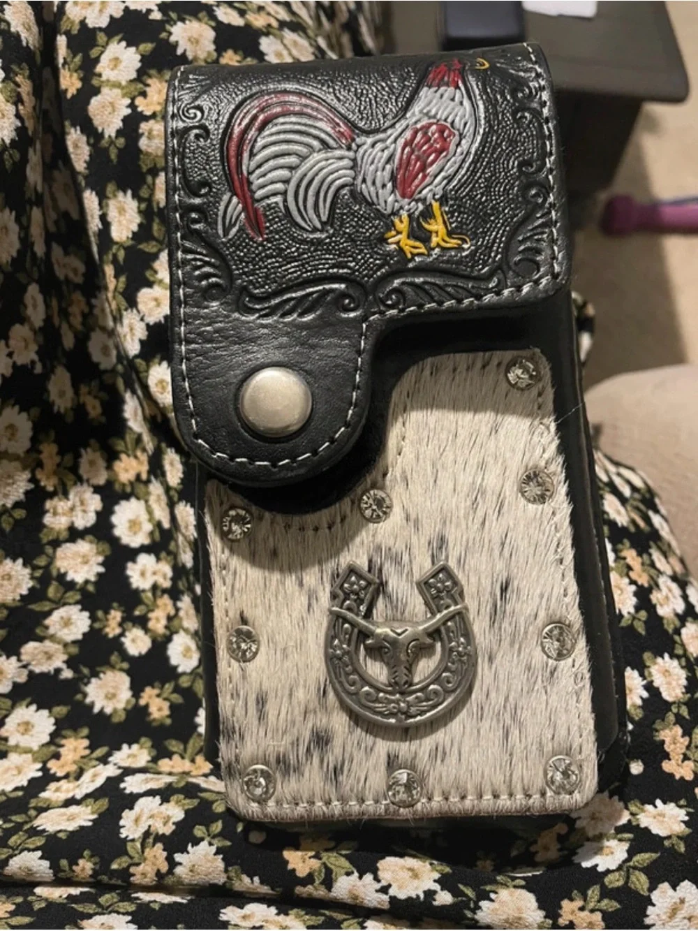 Western Rooster Tooled Leather Phone Wallet - Black, White, Red, Yellow
